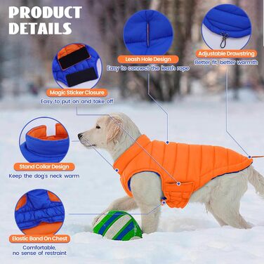 Зимовий теплий водонепроникний одяг для собак великих порід Lelepet, вітрозахисна куртка з клямками, оранжевий/синій, 3XL