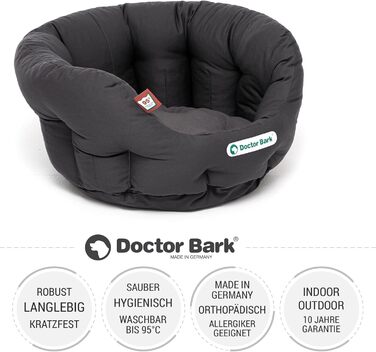Ліжко для собак Doctor Bark кругле, ортопедичне, м'яке, з двосторонньою подушкою та іграшкою, для малих порід, 40x35 см, сіре, пране при 95°C, Німеччина