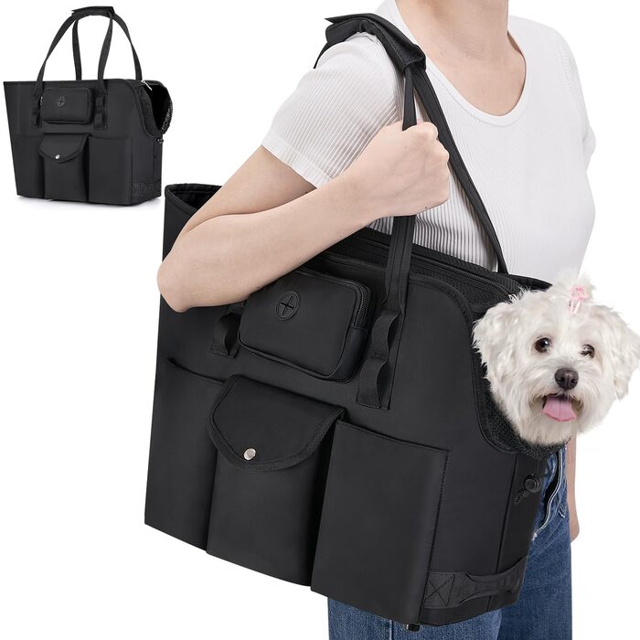 Сумка-переноска для собак SlowTon - для маленьких собак та кошенят до 5.5 кг, чорна, з сумкою та безпечною лінією