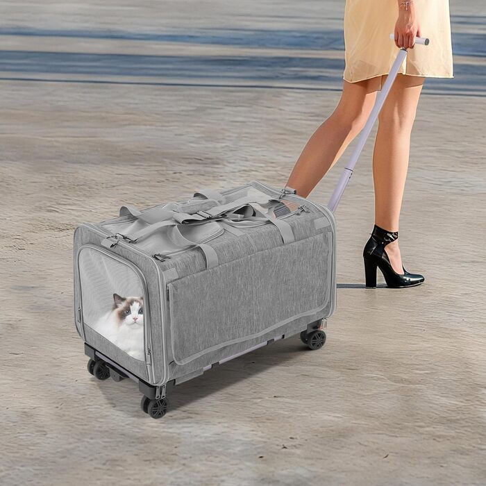 Транспортна переноска для котів та собак на 2 тварин з колесами, сіра