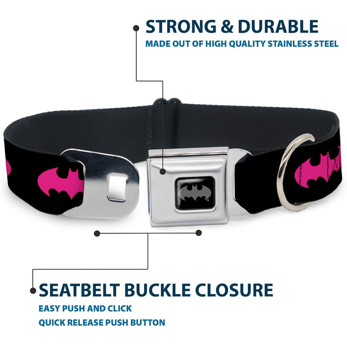 Нашийник для собак Buckle-Down Batman з пряжкою, 3,8 см, чорний/фуксія, для шиї 40,6–58,4 см