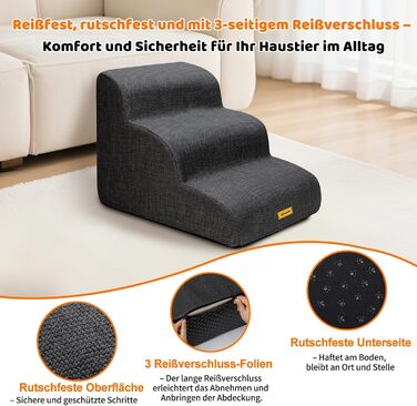 Сходинка для собак Gimars з 3 ступенями, 40 см, з високощільним пінополіуретаном, широка та стійка, знімний та пральний чохол, неслизьке дно, портативна рамка для маленьких собак до дивану, ліжка, авто, чорна