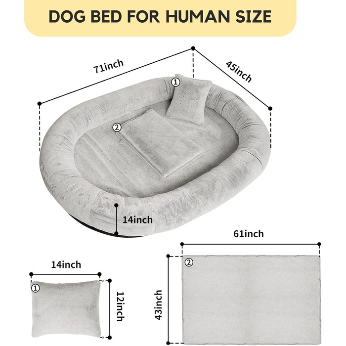 Велике ліжко для собак та людей FURRYFECTION, 180x114x35.6 см, сіре, з підстилкою та подушкою