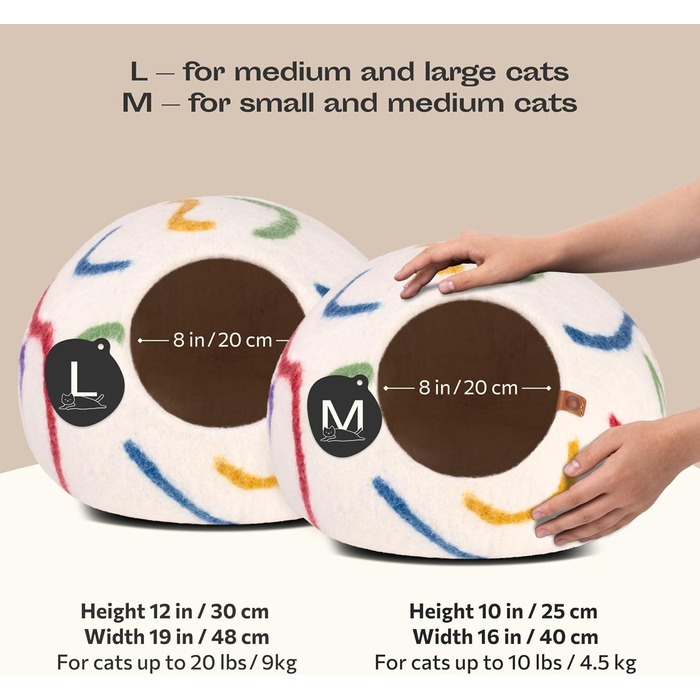 Кішечка ліжко для котів з 100% еринової вовни – ручне валяння, екологічне ліжко для котів та кошенят – м'яке спальне місце, тепле взимку та прохолодне влітку, стильний дизайн (Райдуга, M)