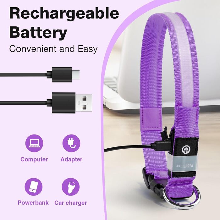 Світлодіодне нашийник для собак Leuchthalsband PcEoTllar, водонепроникний, 7 кольорів, регульований, для маленьких та великих собак, чорний (фіолетовий, M)