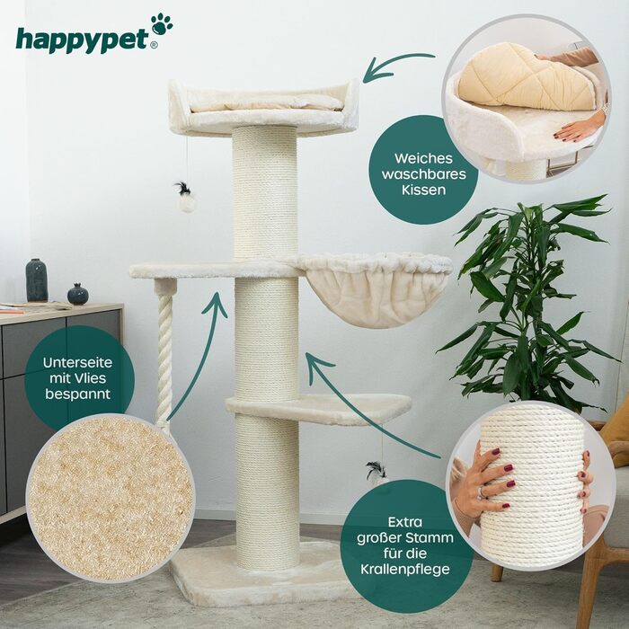 HAPPYPET Premium Котячий дряпак для великих котів Cooper 150 см, кремовий, для Мейн-кун, товсті стовпи 20 см, натуральний сизаль