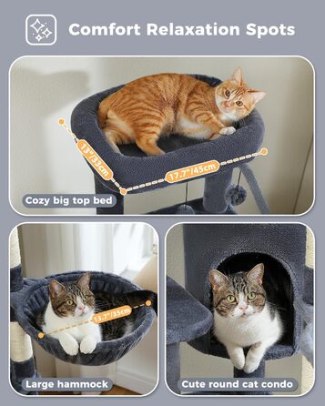 Котячий будиночок Petpela 150 см: багатоярусний котячий комплекс з гамаком, когтеточкою та стійками, сірий