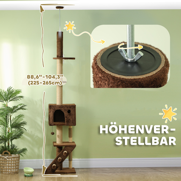 PawHut Cat Tree Стеля висока, Cat Tree, 225-265 см Кігтеточка для кішки з котячою печерою, дряпаючі стовбури, Play Ball, Меблі для кішок із захистом проти нахилу, коричневий | Аосом