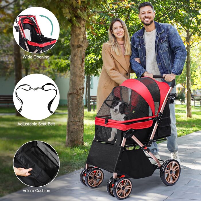 Візок для собак YITAHOME, червоний, для маленьких собак, з обертовим ручками, сітковими вікнами та гальмами