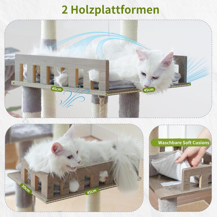 Котячий будиночок Kratzbaum: великий, з гамаком, 2 печери, 15 стовпчиків для дряпання (174см, світло-сірий)