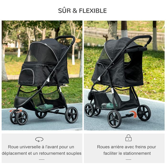 PawHut Buggy для собак та котів, чорний, 83x55x101 см, складна конструкція, EVA колеса, регульований кермо, корзина