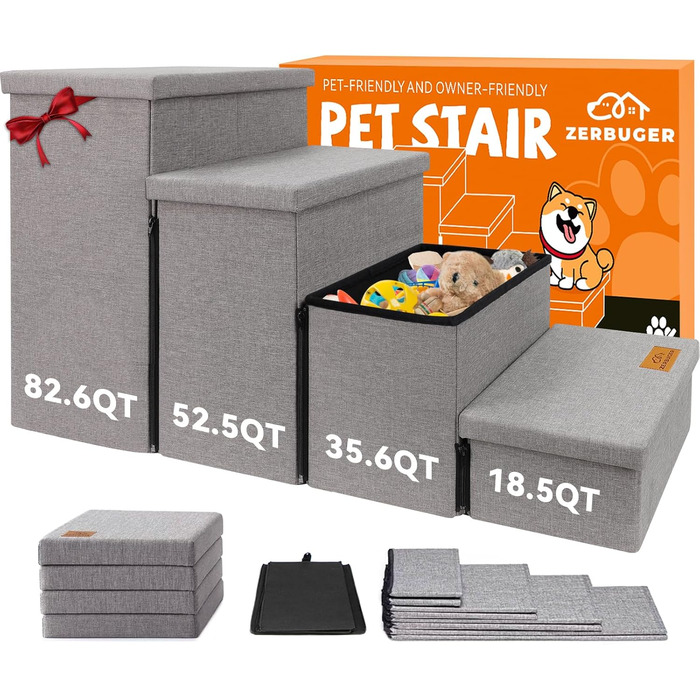 Сходинки для собак з місцем для зберігання, 58,4 см, 4 сходинки, широкі, для високих ліжок, вікон, складані, стабільні, для собак та котів, 109,2 x 43,2 x 58,2 см, сірі