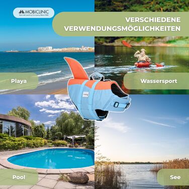 Жилет рятувальний для собак Mobiclinic® Sharky, блакитний та помаранчевий, для плавання, серфінгу та вітрильного спорту