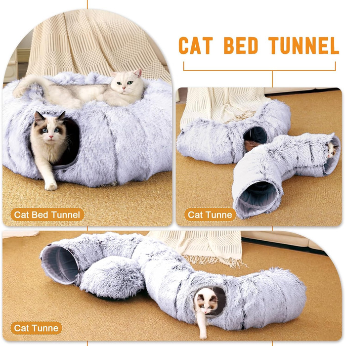 Туннель для котів FURRYPAWS XXL 3-в-1 – 160 см, ліжко, регульований, дихаючий, металевий каркас, складаний, для великих котів та дрібних тварин (темно-сірий з іграшкою)