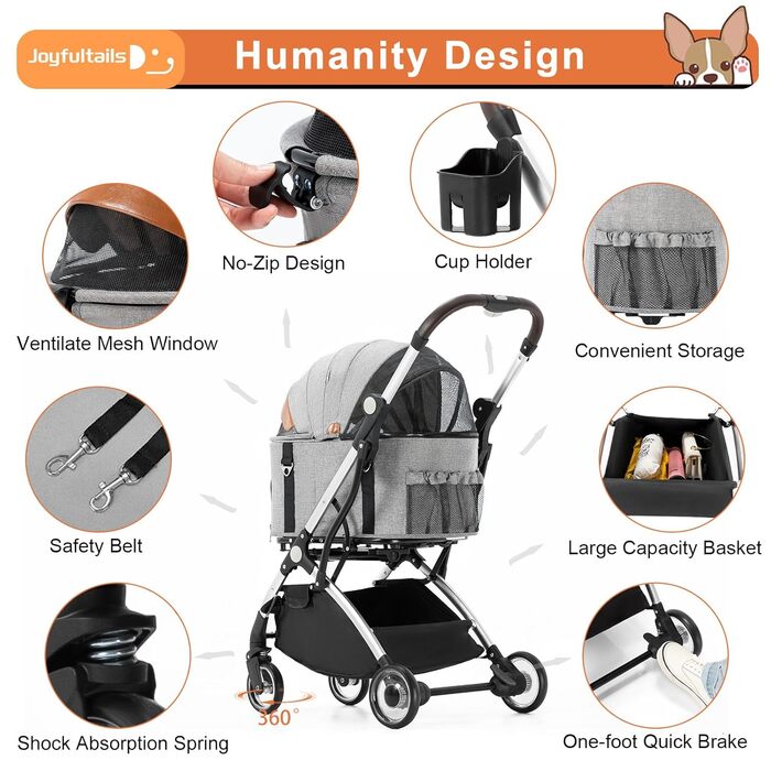 Візок для собак 3 в 1, до 15 кг, сірий. Візок для собак та котів, складний, з сумкою-переноскою, для маленьких та середніх тварин. З дощовим захистом