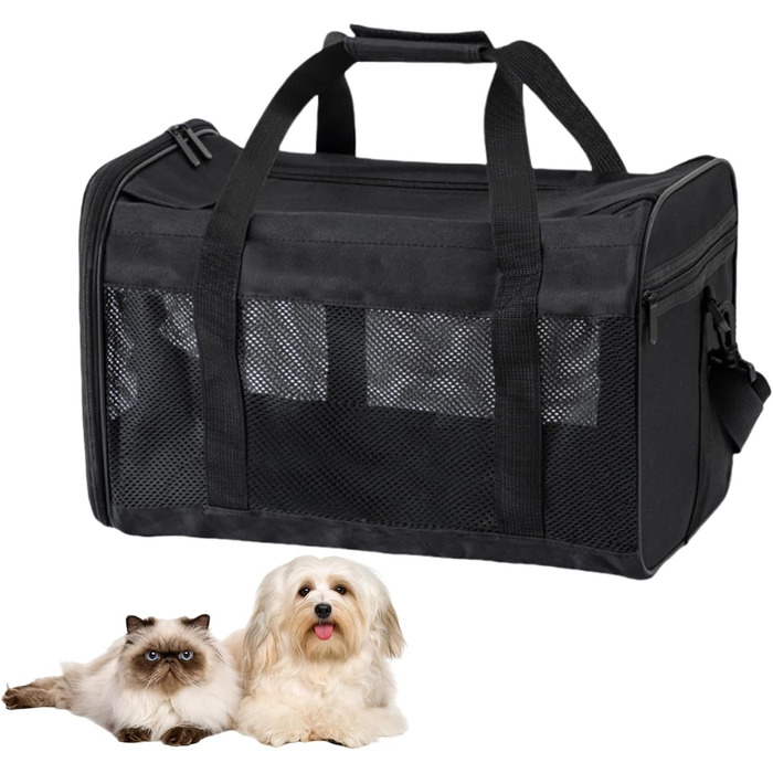 Транспортна сумка для кота та собаки, складана переноска для тварин, переноска для маленьких собак та котів, переноска для собак з регульованим плечовим ременем, переноска для кота в авто, літак та поїзд (чорний, M)