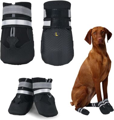 Чоботи для собак, 4 шт., водонепроникні, антиковзні, з світловідбиваючим ремінцем, чоботи для собак, захист лап для маленьких, середніх та великих собак (L, чорний)