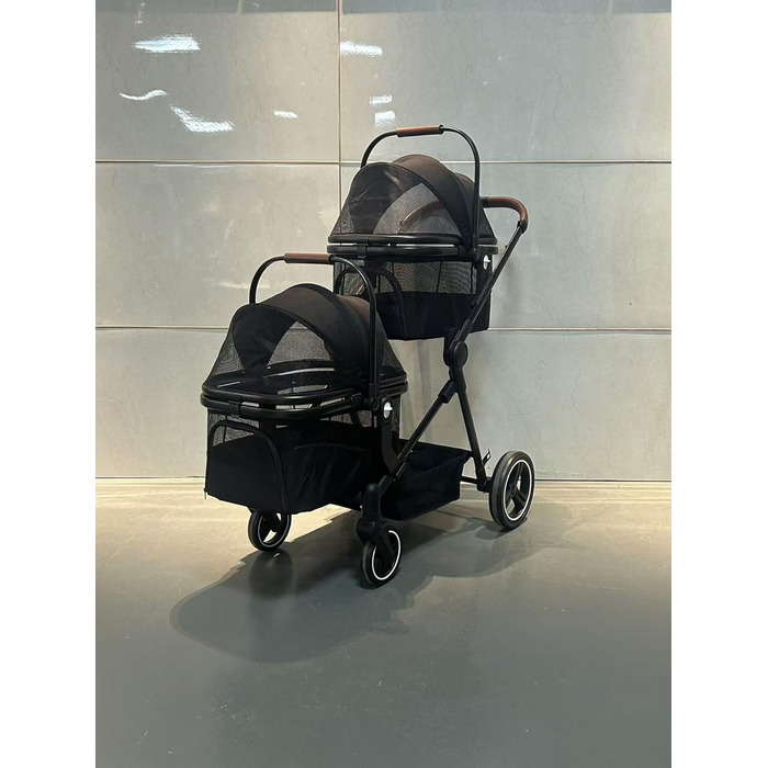 Складаний двоярусний візок для собак та котів до 22 кг, з сітчастими віконцями, тримачем для напоїв та місцем для зберігання. Ідеально для двох маленьких собак або котів. Легкий та зручний двошаровий візок.