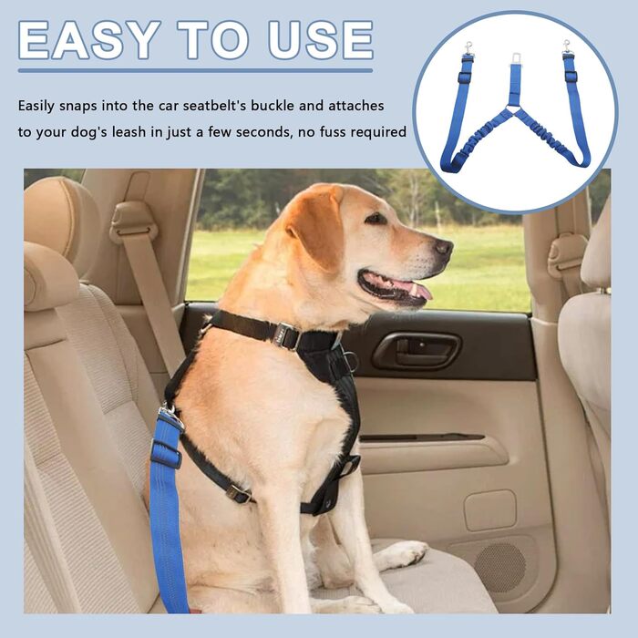 Ремінь безпеки для собак у машину, подвійний, еластичний, регульований з амортизатором та карабіном для маленьких та середніх собак (блакитний)