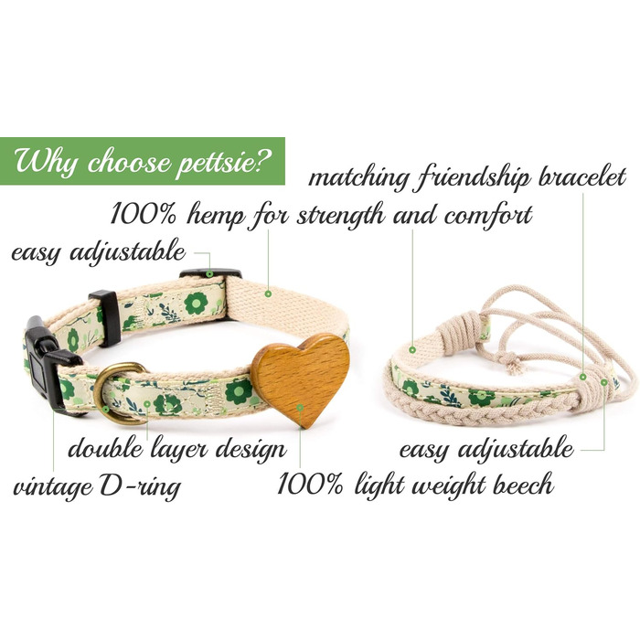 Нашийник для собак Pettsie з серцем та браслетом дружби, регульовані розміри S та M, зручний дизайнерський льон, міцний та довговічний, чудовий подарунок для любителів собак, (35,6 - 50,8 см (M), Зелений)