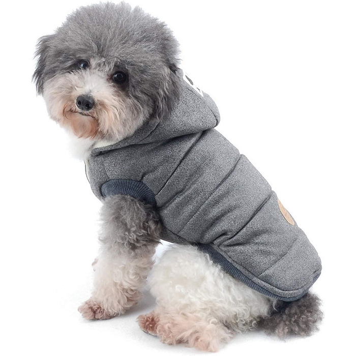 Зимова куртка для собак маленьких порід Ranphy з капюшоном, тепла флісова підкладка, бавовняний халат для домашніх тварин, вітронепроникна куртка, капюшонна куртка для котів, сірий L (Обхват грудей: 42 см), сірий