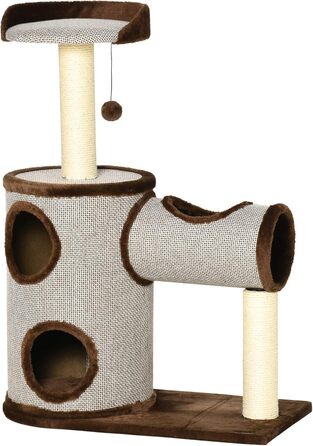 PawHut Дерев'яний кігтеточка для котів середнього розміру, 104 см, з ліжком, тунелем, сизалевими стовпчиками та м'ячиком, 75x39x104 см, коричневий