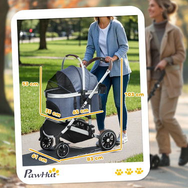 PawHut Коляска для собак 3 в 1 Dog Buggy Складна для собак і кішок до 10 кг Cat Buggy з подушкою Підстаканник Сітка Вікна Двері Кошик для зберігання Котяча коляска Баггі Dark Blue | Аосом