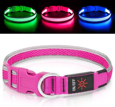 Світлодіодний нашийник для собак Bpawser, USB зарядка, рожевий, M, для середніх і великих порід, світиться для безпеки вночі