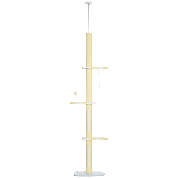 PawHut Cat Tree, Кігтеточка для кішок Висота стелі, 220-260 см, Лазіння по дереву з Play Ball, Котяче дерево з регулюванням висоти, Ігрове дерево із захистом проти нахилу, Плюш, Жовтий | Аосом