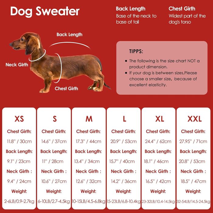 Світер для собак Konvinit, великі породи, теплий зимовий, для чихуахуа до лабрадора, XS-2XL, червоний (L: обхват грудей 53 см)