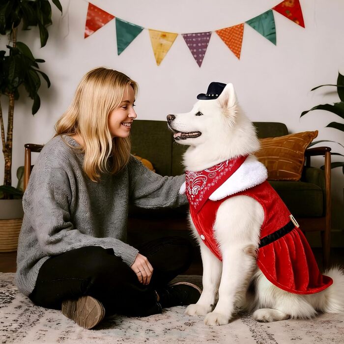 Костюм ковбоя для домашніх тварин SANSTHS, Halloween, червоне різдвяне вбрання з міні-ковбойським капелюхом та банданою для собак та котів, розмір M (великий, червоне вбрання та бандана з чорним капелюхом)