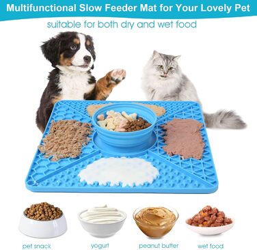Лежак-лежак для собак VOOWO 2-в-1, миска для повільного годування, миска для їжі та води, силіконовий килимок для собак з присосками, великі та середні породи, блакитний