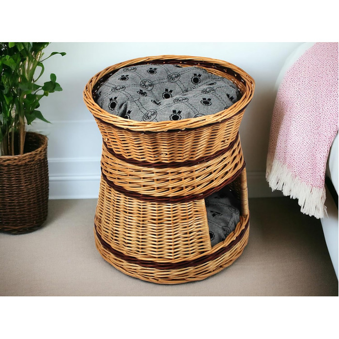 Кігтеточка-лежанка для котів та собак, діаметр 47 см, з натуральної плетінки, двоярусна, з подушкою сірого кольору 47x47x45 см