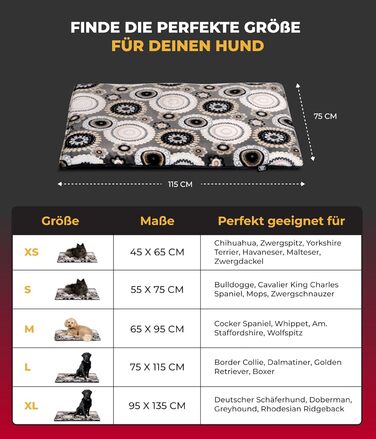 Лежак для собак HS-Hundebett, двосторонній, 75x115 см, м'який, з 3 см наповнювачем, для дивану, авто, переноски, дизайн мандала антрацит, вироблено в Німеччині