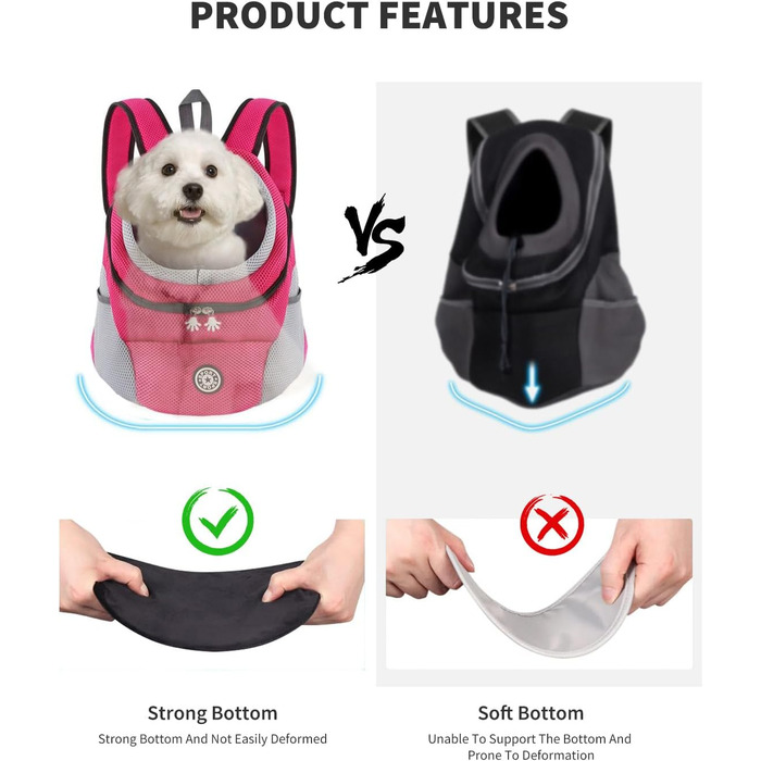 PETCUTE Рюкзак-переноска для собак і котів, регульований, для маленьких тварин, з підкладкою, водонепроникний, дихаючий, з передньою кишенею та страхувальним гачком, для походів, колір Рожево-червоний