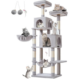 Дерево для котів Taoqimiao 170 см, велике, з будиночками, гамаком, корзиною, 8 стовпчиками для шліфування, 2 платформами, сірий MS013W