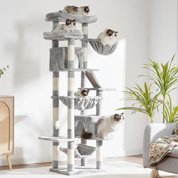 Кігтеточка-будинок для котів Heybly HCT034G, 180 см, сірий, з 2 платформами, 2 будиночками, гамаком, корзиною та когтеточкою