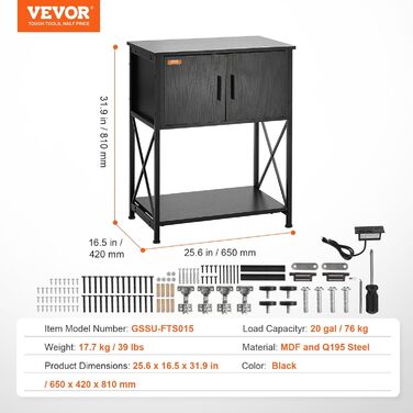 Стійка для акваріума VEVOR 20 галонів, сталева, з МДФ, 65x42x81 см, до 76 кг, з шафою для зберігання та вбудованим блоком живлення, підходить для акваріумів, тераріумів і тераріумів для черепах