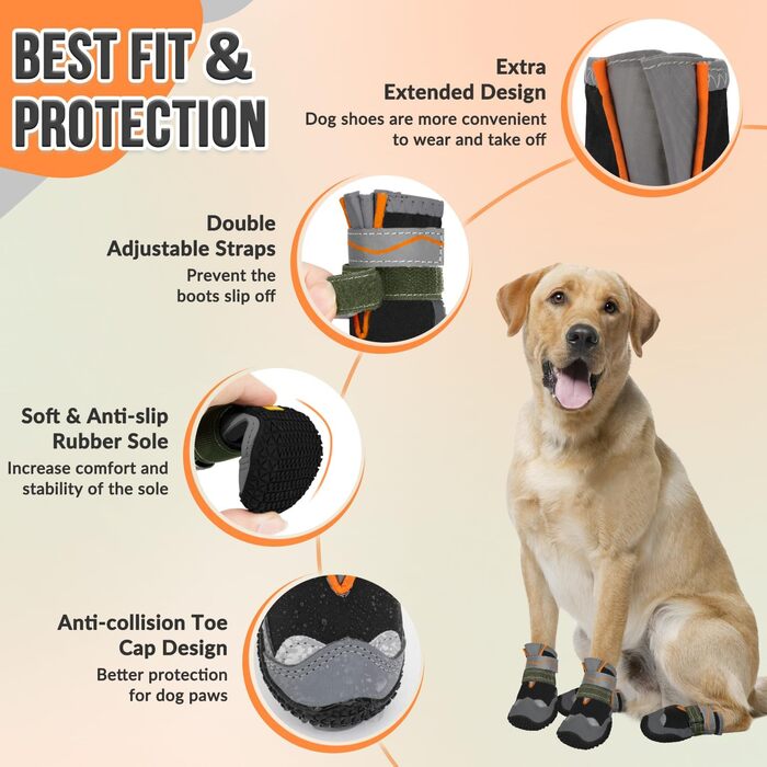 Чоботи для собак SlowTon, 4 шт. - захист лап, неслизька підошва, дихаючі, з регульованим кріпленням, для малих, середніх та великих собак. Чорний (4 шт.)