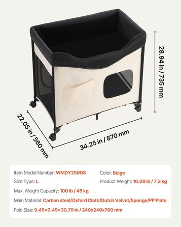 Підвищене ліжко для домашніх тварин VEVOR (L), складане ліжко для собак з оксфордської тканини 600D та голландського бархату, портативне дитяче ліжко з колесами та боковими кишенями, у комплекті сумка, Бежевий