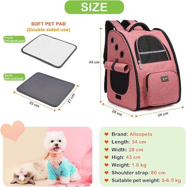 ALLSOPETS рюкзак для собак і котів, дихаючий складний рюкзак-переноска з безпечним гачком, портативна сумка для подорожей і прогулянок, рожевий