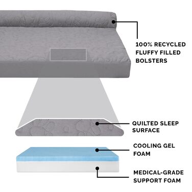 Крісло-лежанка для собак Furhaven Pinsonic, з охолоджуючим гелевим шаром, стегане, L-подібне, знімний, пральний чохол, Титан, Jumbo, XL, 102 x 81 x 20 см