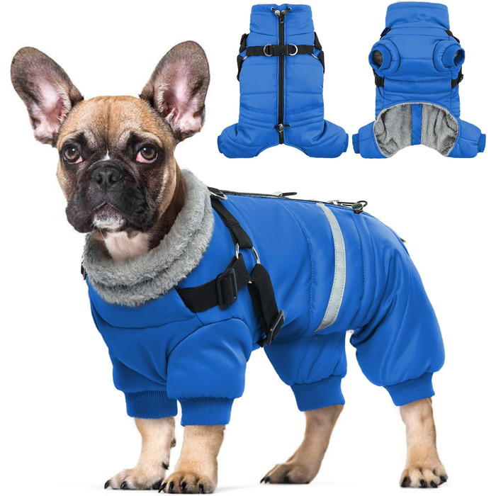 Водонепроникний нашийник для собак, куртка для собак з шлейкою, зимовий нашийник для собак для маленьких, середніх та великих собак, вітронепроникна зимова куртка для собак з відбиваючими смужками та блискавкою S-XL (XL, Синій)