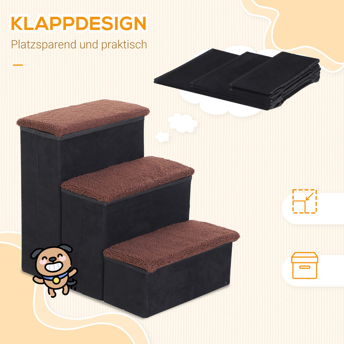 PawHut Pet Stairs Складні сходи для кішок Сходи для собак з 3 сходинками для зберігання для кішок і собак МДФ чорний 40x54x48см
