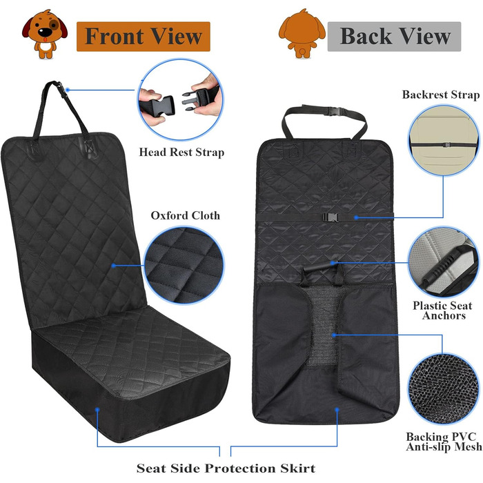 Захисний чохол на сидіння авто для собак, 136x119 см, чорний, нейлон. З щіткою для чищення та сумкою. Підходить для більшості авто та SUV.