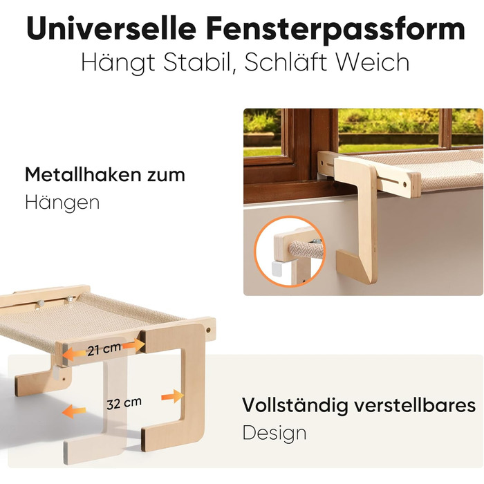 Підвісна лежанка для котів FUKUMARU, лежанка на підвіконник та підлогу, для великих котів, міцна конструкція з дерева та металу, трансформована лежанка, легка у збиранні, бежева