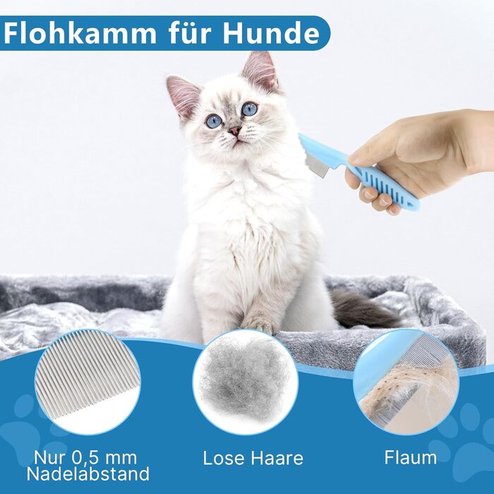 Набір для догляду за тваринами 6 в 1: щітка для собак, гребінець для вичісування підшерстка, тример, гребінець від бліх, щітка для миття | Синій, прямокутний