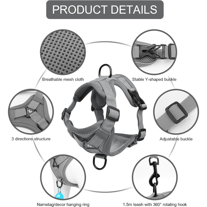 Шлейка для котів Skmeditec Katzengeschirr - безпечна жилетка для великих котів з світловідбиваючими смугами (Medium, Сірий)