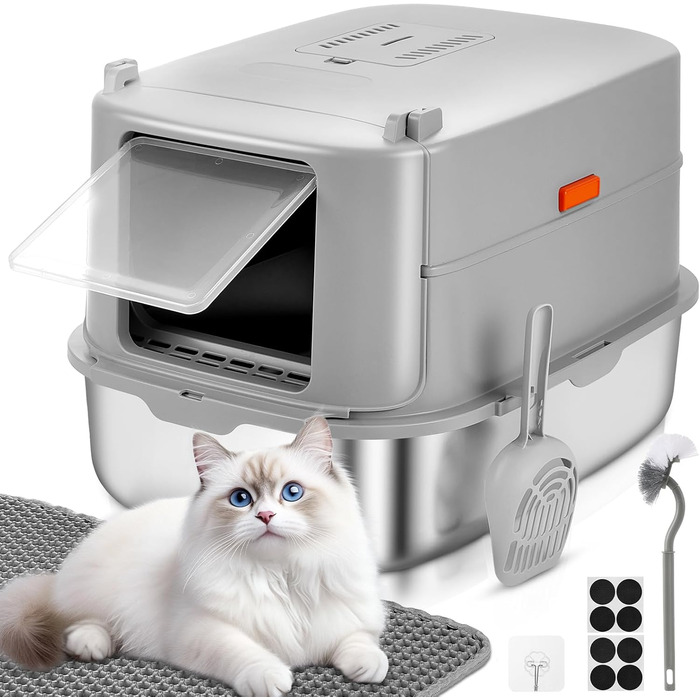Котячий туалет Papettly з нержавіючої сталі з кришкою XXL, 30 л, високий знімний борт, килимок для туалету, легке очищення, 58x42x40 см