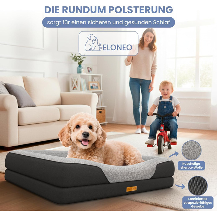 Ортопедичне ліжко для собак ELONEO, великі породи - 122x89x20 см, корзина для собак з піною з пам'яті, вологостійкий та пральний килимок для собак, подушка для собак, матрац для собак з м'якою оббивкою (76 x 51 x 17 см, Чорний)